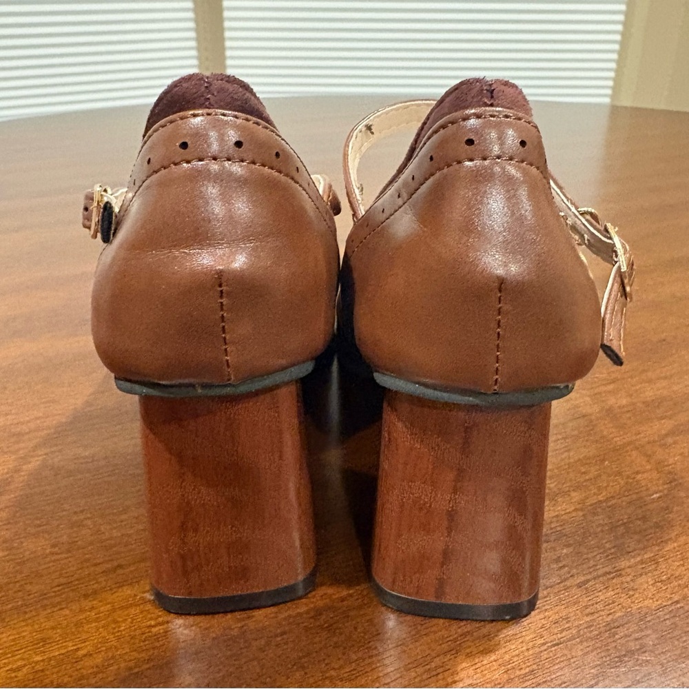 VINTAGE Brown Leather Suede Two-Tone Mary Jane Square-Toe Chunky Mid-Heel Shoes - Picture 7 of 11